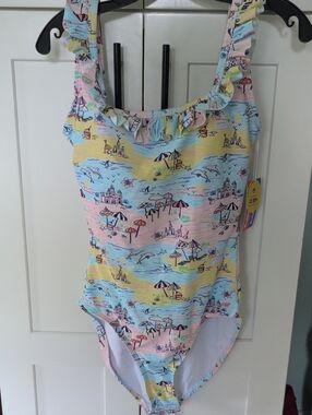 Ruffle Butts New With Tags Pastel Beach Print Ruffled One-Piece Swimsuit Sz M